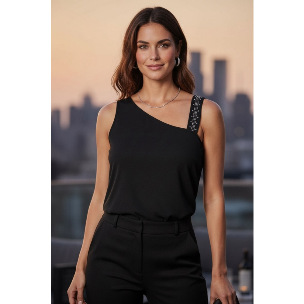 Belldini Black One-Shoulder Tank Top with Silver Embellishments M